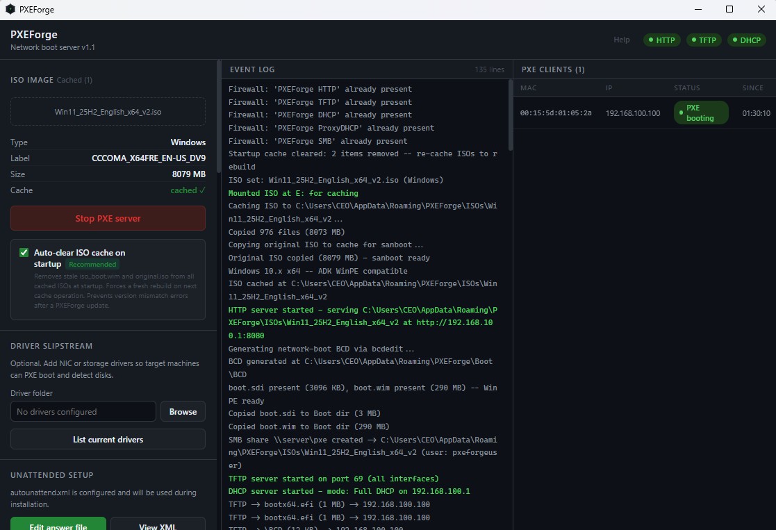 PXE Forge main window showing the boot menu and server status